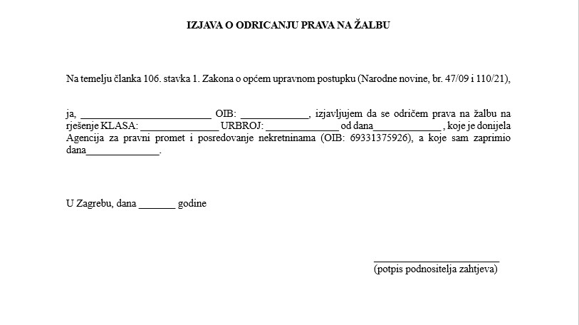 Odricanje prava na žalbu